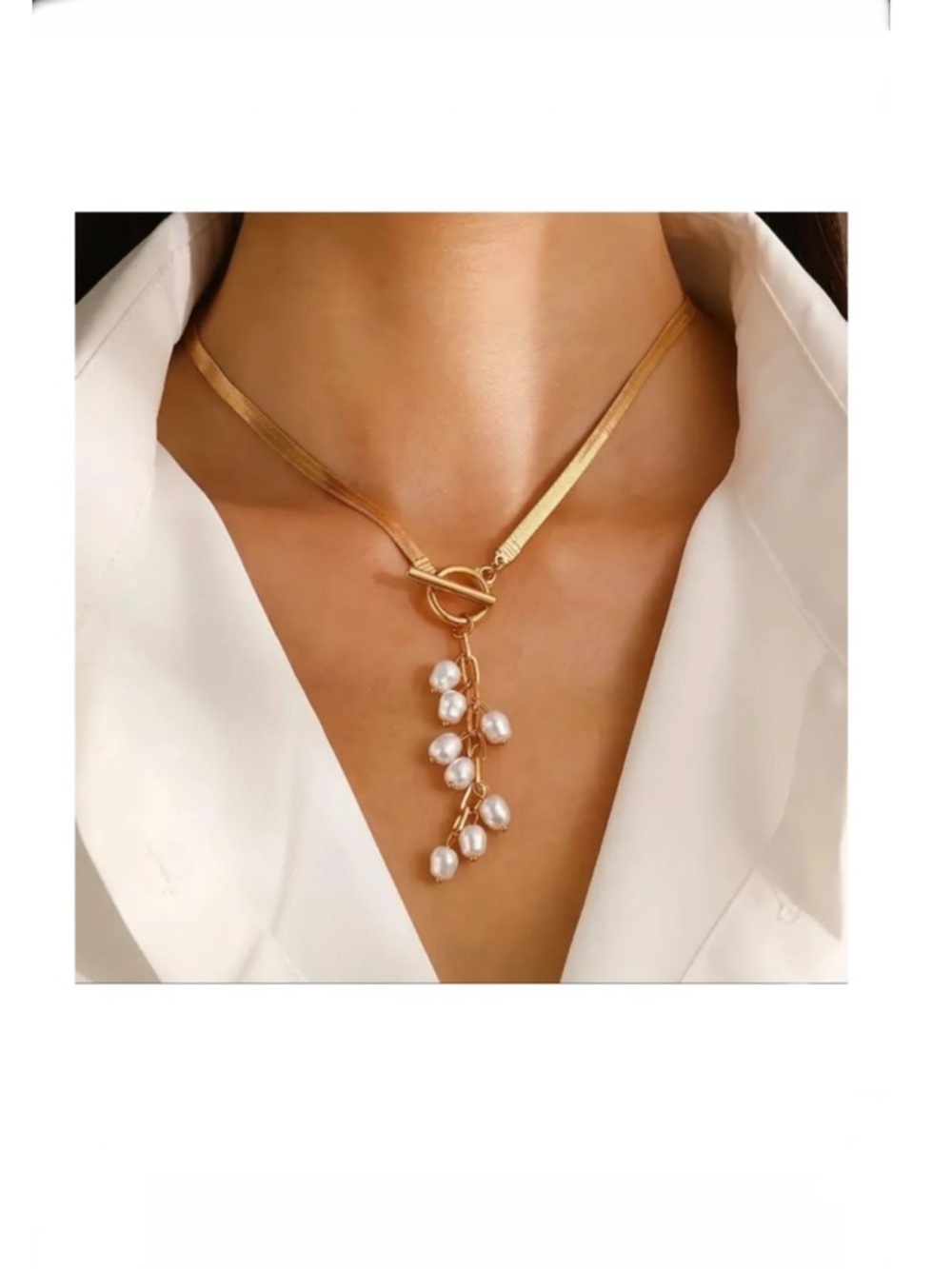 18K Gold Plated Herringbone Chain Geometric Faux Baroque Pearl Tassel Necklace